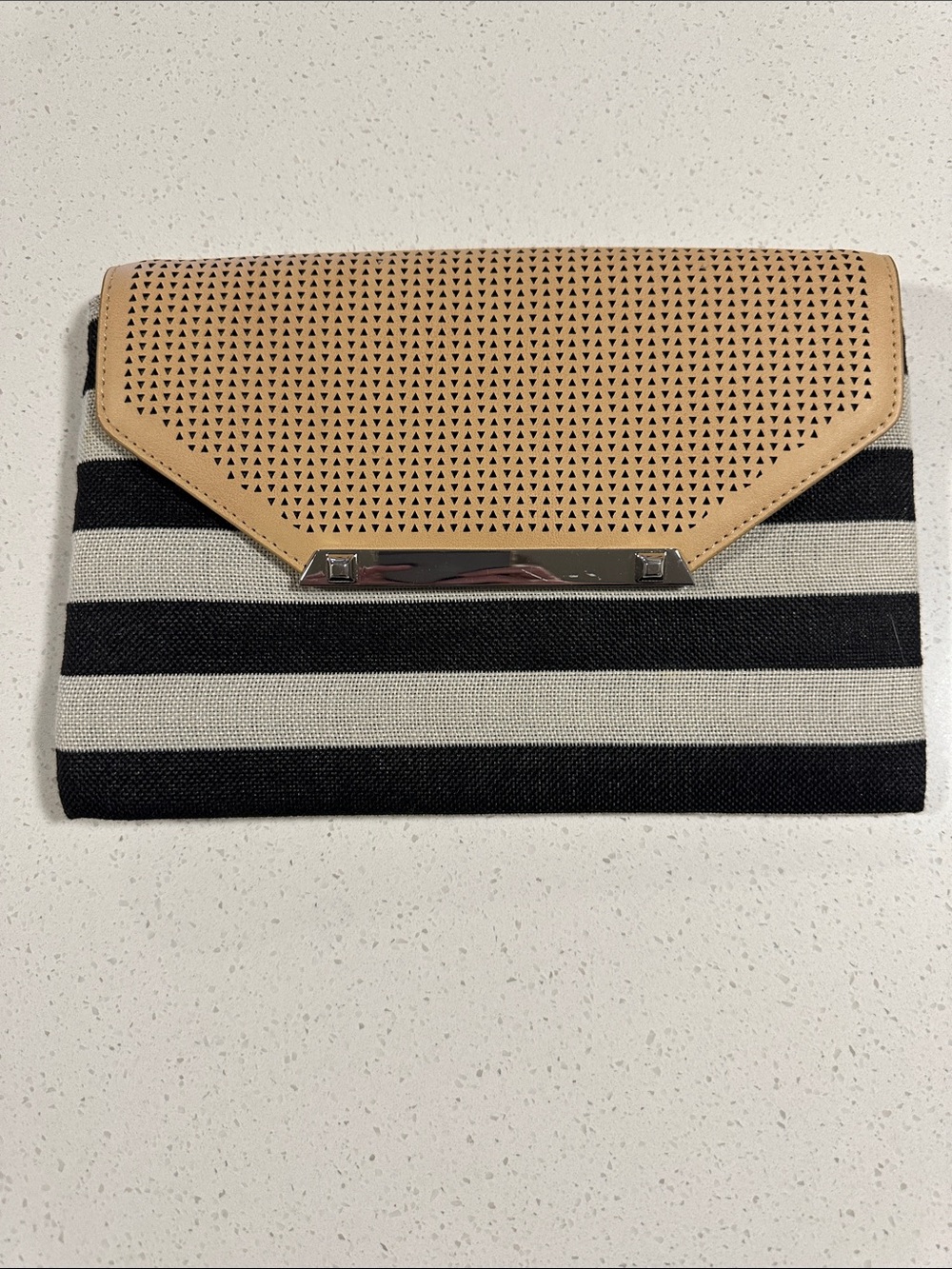 Stella & Dot Striped Black & Cream Slim Clutch with Tan Perforated Flap